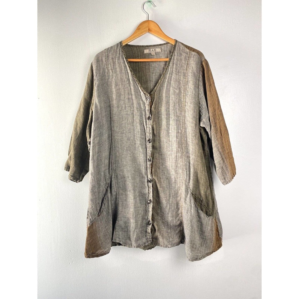 Flax 100% Linen Long Sleeve Button Down Shirt Lagenlook Relaxed Large 3/4 sleeve